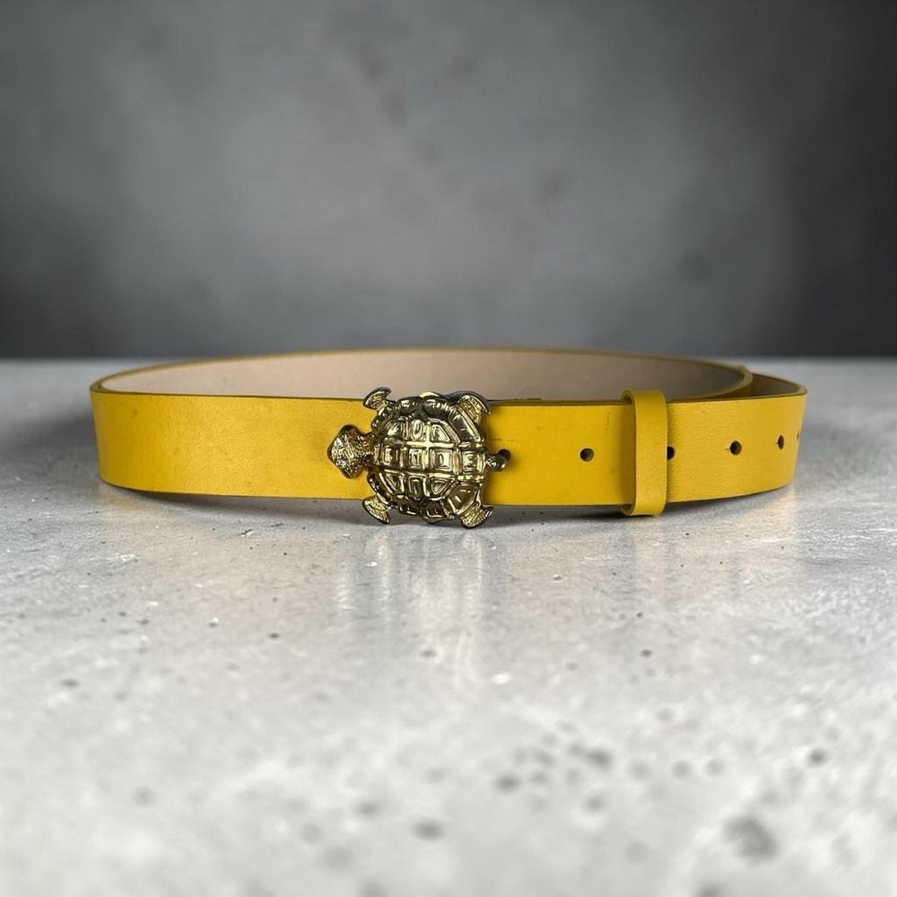 Another Line Womens Yellow Leather Belt Medium Gold‎ Turtle Buckle Boho